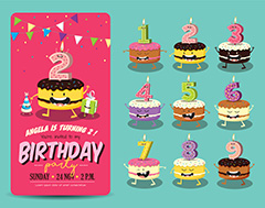 玫红色生日邀请卡和数字蛋糕矢量素