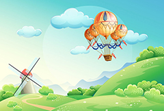 卡通热气球与风车景色矢量素材