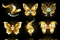 金色蝴蝶蜻蜓插画矢量素材
