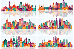 炫彩世界各国城市建筑剪影矢量素材