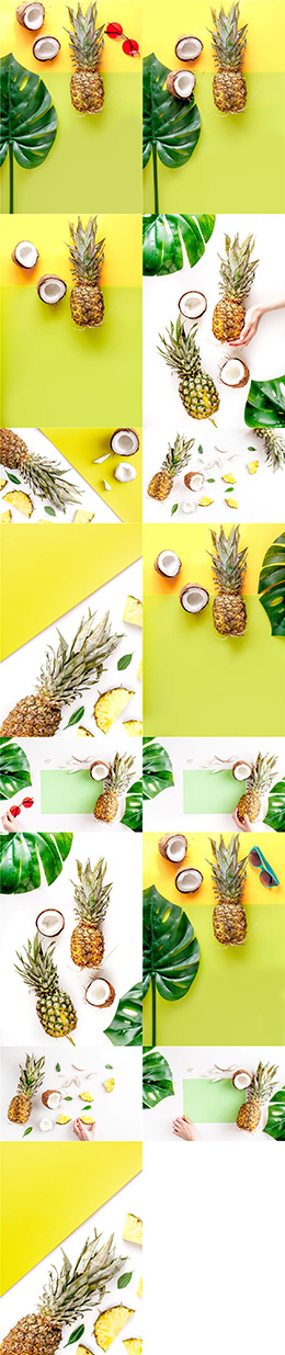 夏季菠萝和椰子椰青顶视图背景高清图片