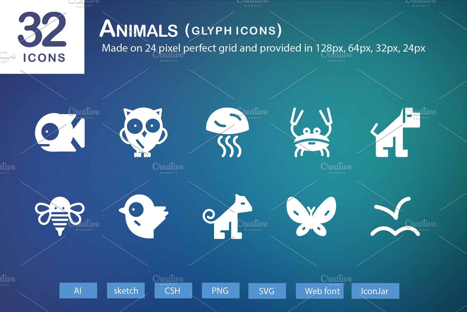32个可爱单色动物轮廓图标 32 Animals Glyph Icons插图