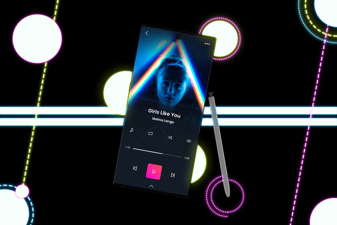 酷黑背景三星智能手机Note 10多角度屏幕预览样机模板 Neon Note 10 MockUp插图(2)