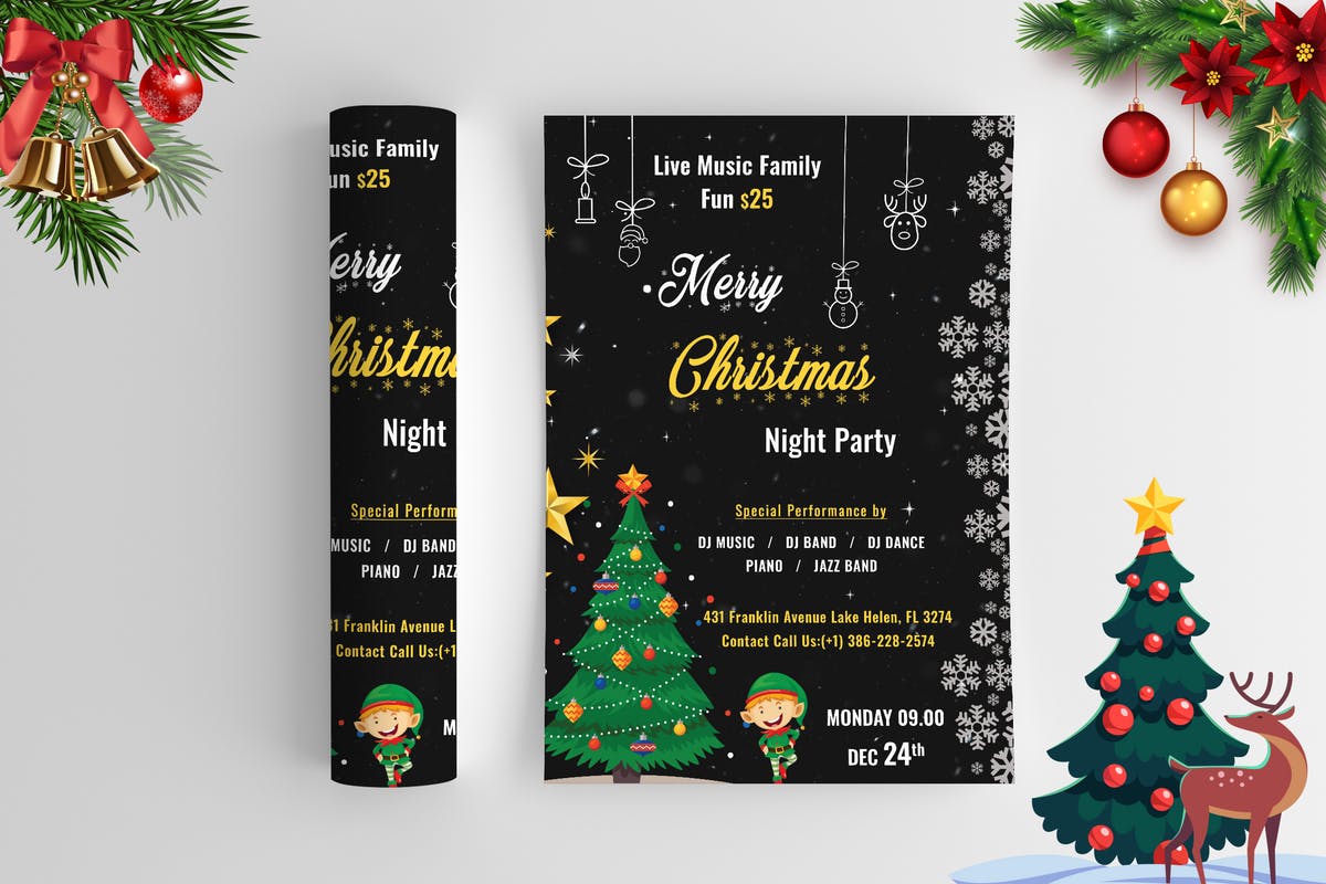 圣诞节晚会活动海报设计模板 Christmas Night Party – Flyer插图