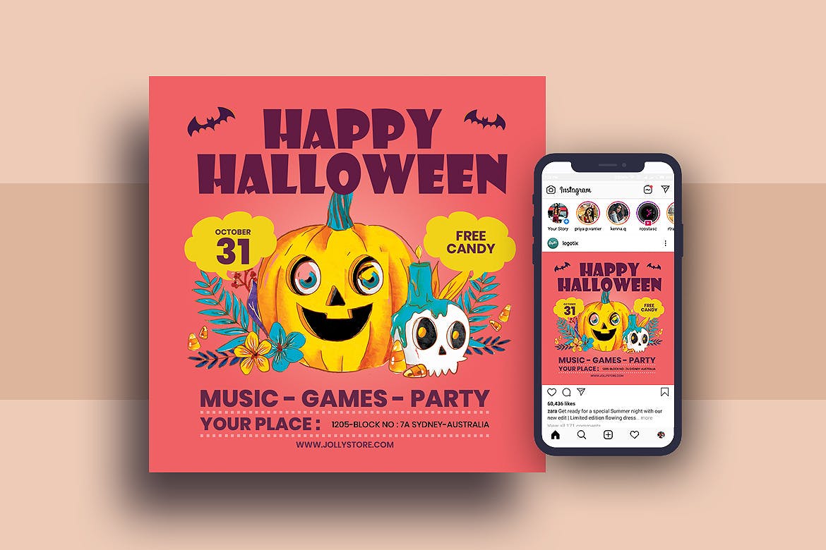 万圣节节日促销海报模板和Instagram推广素材 Halloween Festival Flyer & Instagram Post Design插图(1)