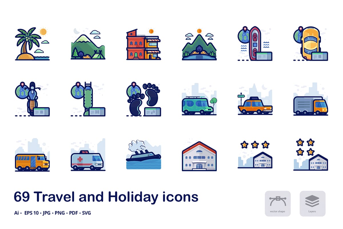 旅行假日主题概念矢量图标 Travel and holiday filled outline icons插图