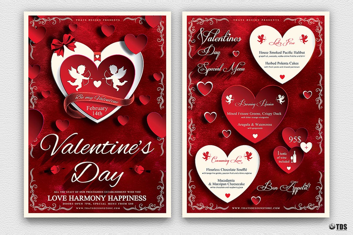 浪漫情人节传单+菜单套装V1 Valentines Day Flyer + Menu Bundle V1插图