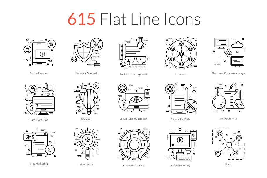 615枚扁平风线条图标合集 615 Flat Line Icons插图