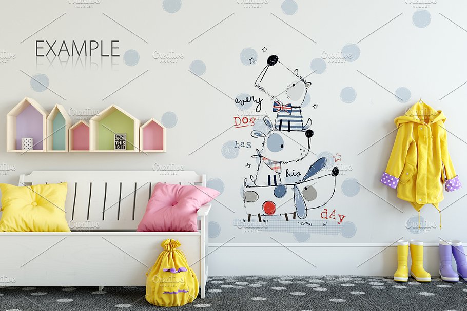 儿童主题卧室墙纸设计&相框样机 Interior KIDS WALL & FRAMES Mockup 2插图(24)