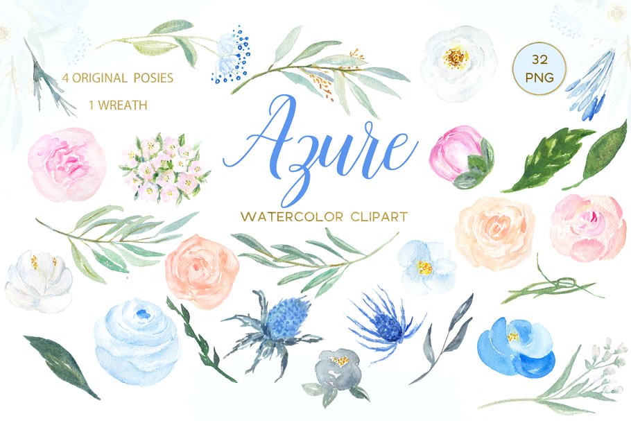 浪漫天蓝桃色玫瑰剪贴画合集 Azure Blue, Peach & Rose clipart插图(2)