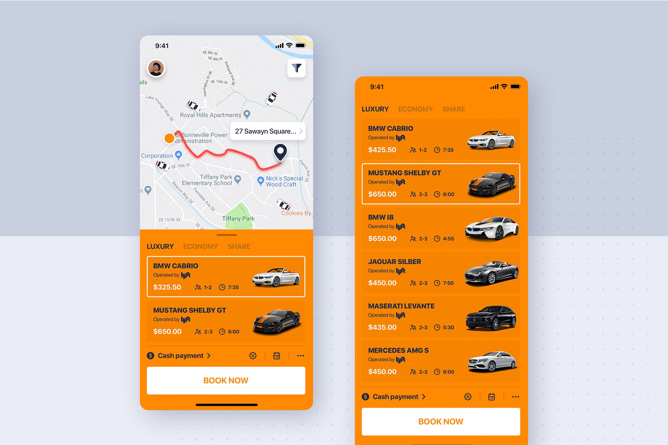 类滴滴打车APP应用预约车列表界面设计模板 Car rental mobile UI Kit – Listing of Car type插图