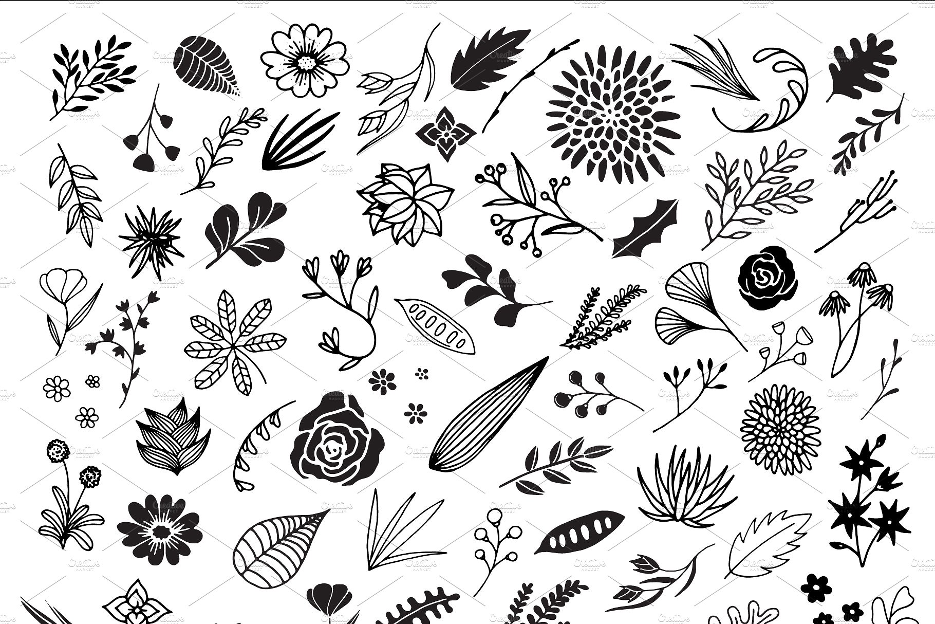 300幅手绘线条艺术风格花卉剪贴画 300 Hand Drawn Florals插图(3)