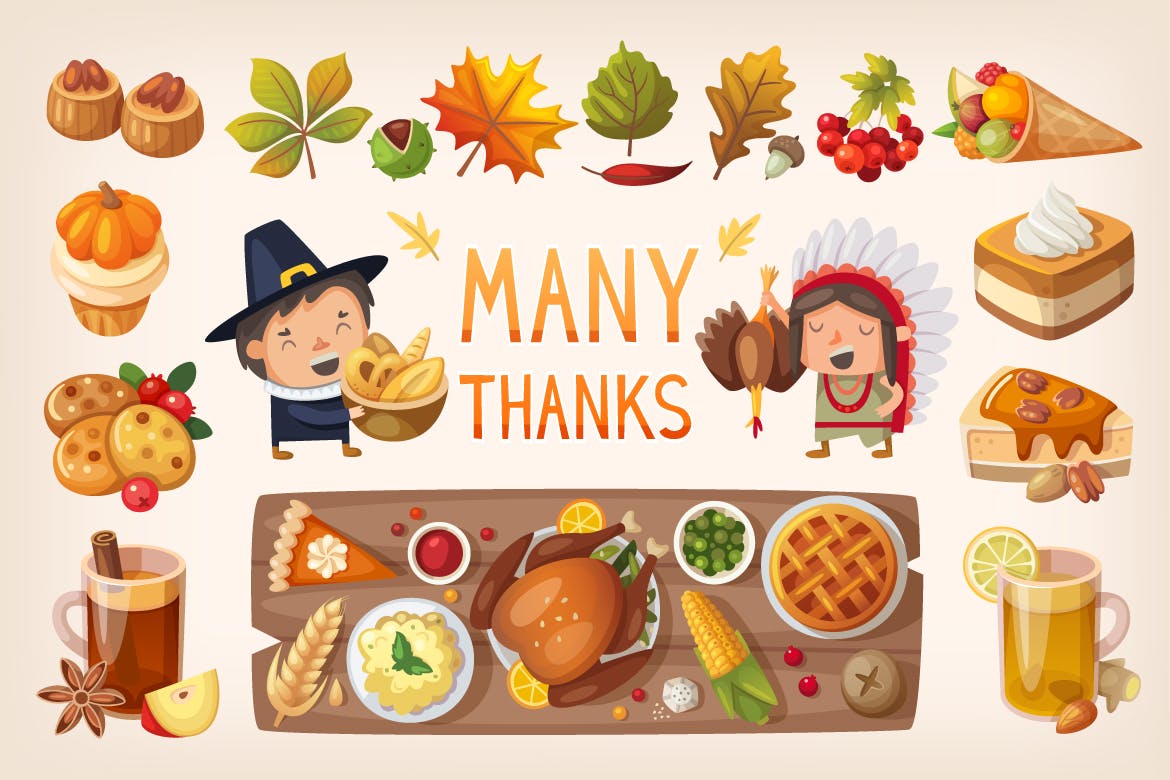 卡通版本感恩节美食矢量设计素材 Thanksgiving Dinner Table插图