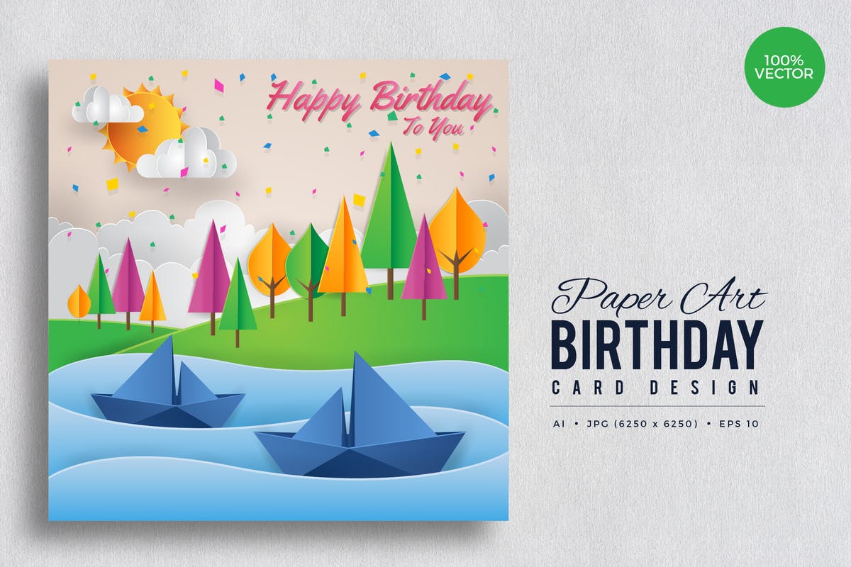 风景剪纸艺术创作生日贺卡矢量模板v1 Paper Art Happy Birthday Vector Card Vol.1插图