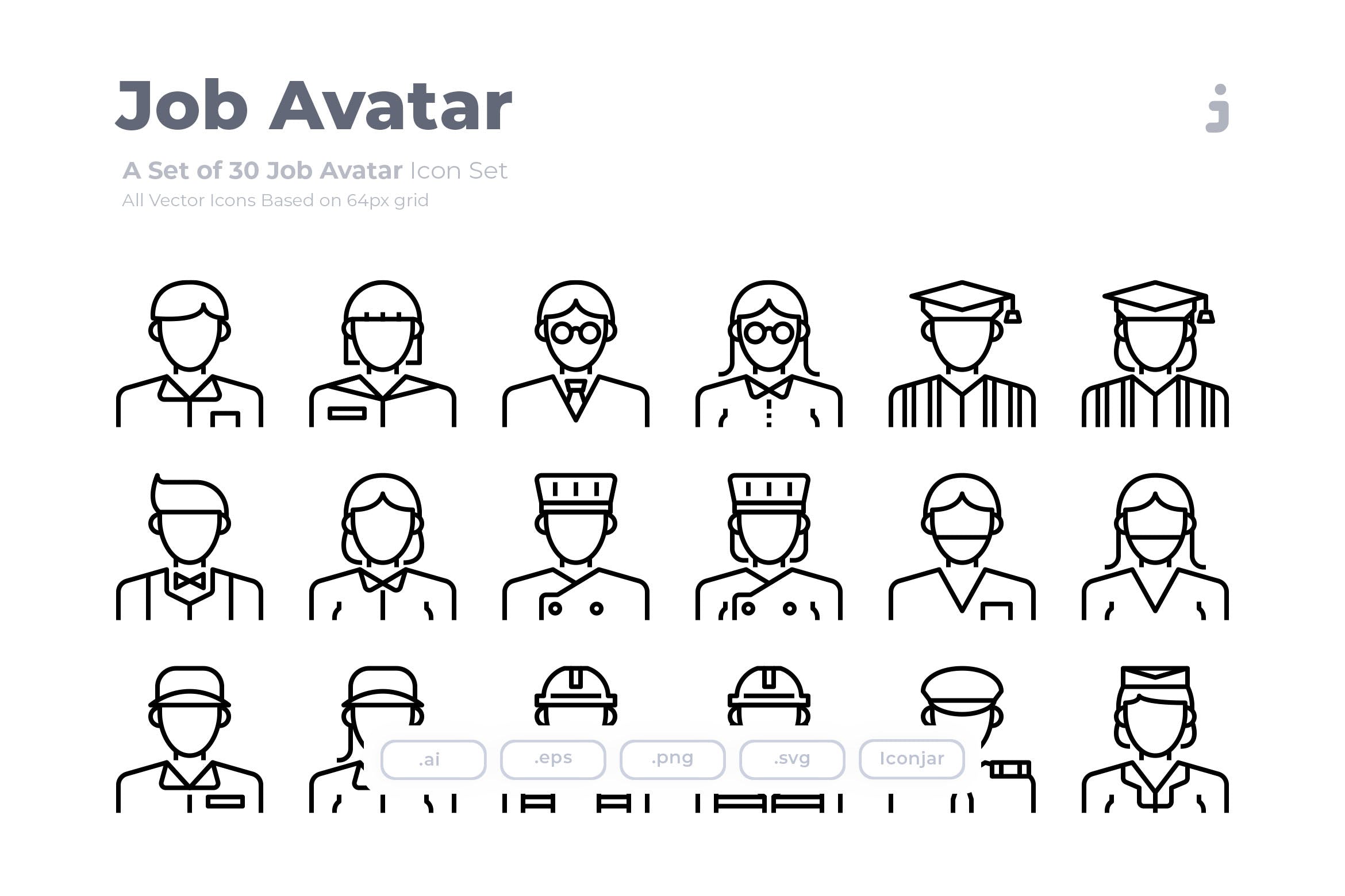 30枚工作岗位人物形象Outline风格矢量图标 30 Job Avatar Icons – Outliner插图