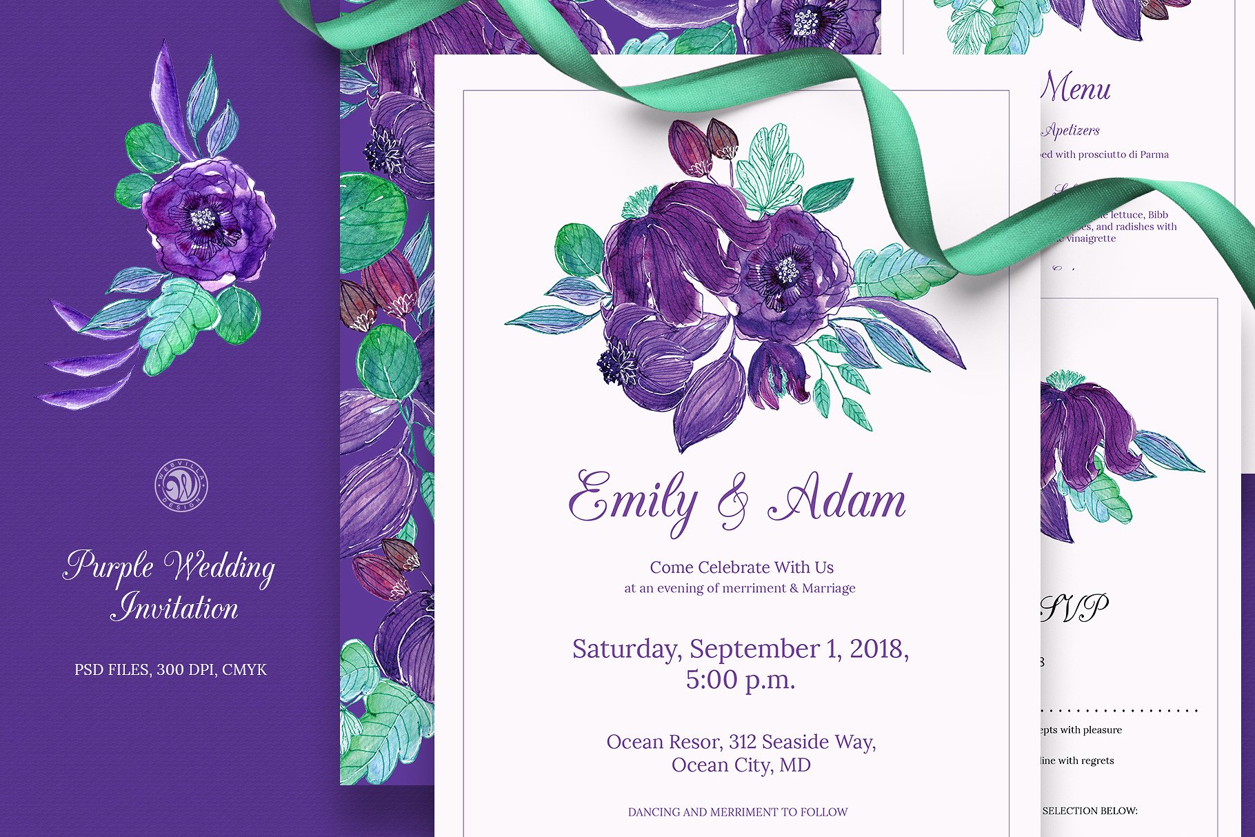 紫色花卉婚礼邀请函设计模板 Purple Wedding Invitation Set插图