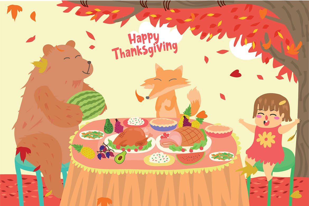 感恩节庆祝场景手绘矢量插画设计素材 Happy Thanksgiving – Vector Illustration插图