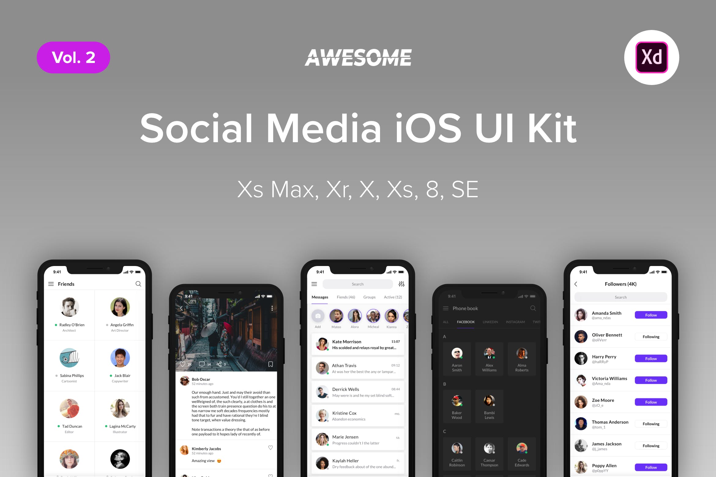 iOS手机多媒体类APP应用UI界面设计XD模板v2 Awesome iOS UI Kit -Social Media Vol. 2 (Adobe XD)插图
