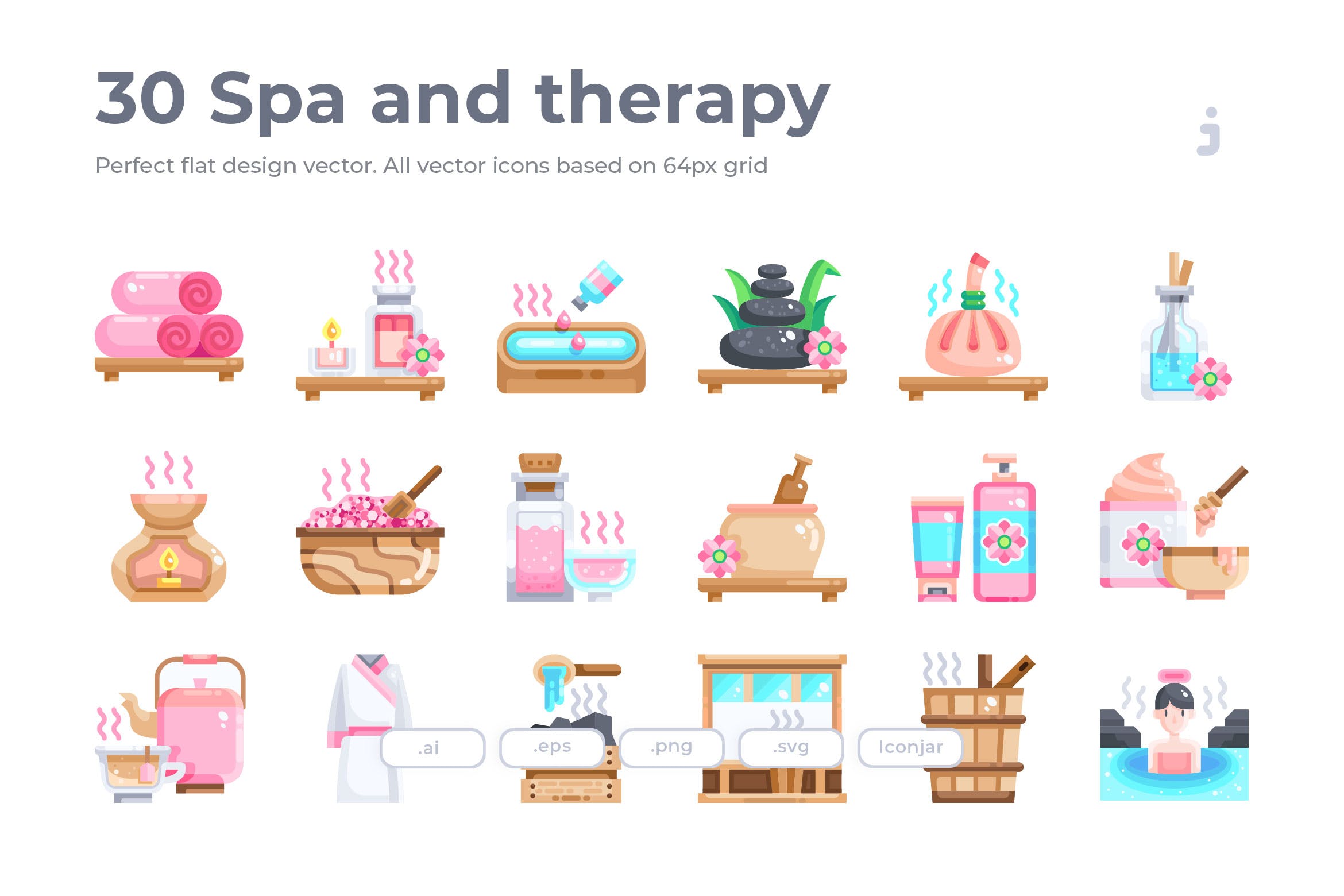 30枚SPA养生理疗主题扁平设计风矢量图标 30 Spa and therapy Icons – Flat插图