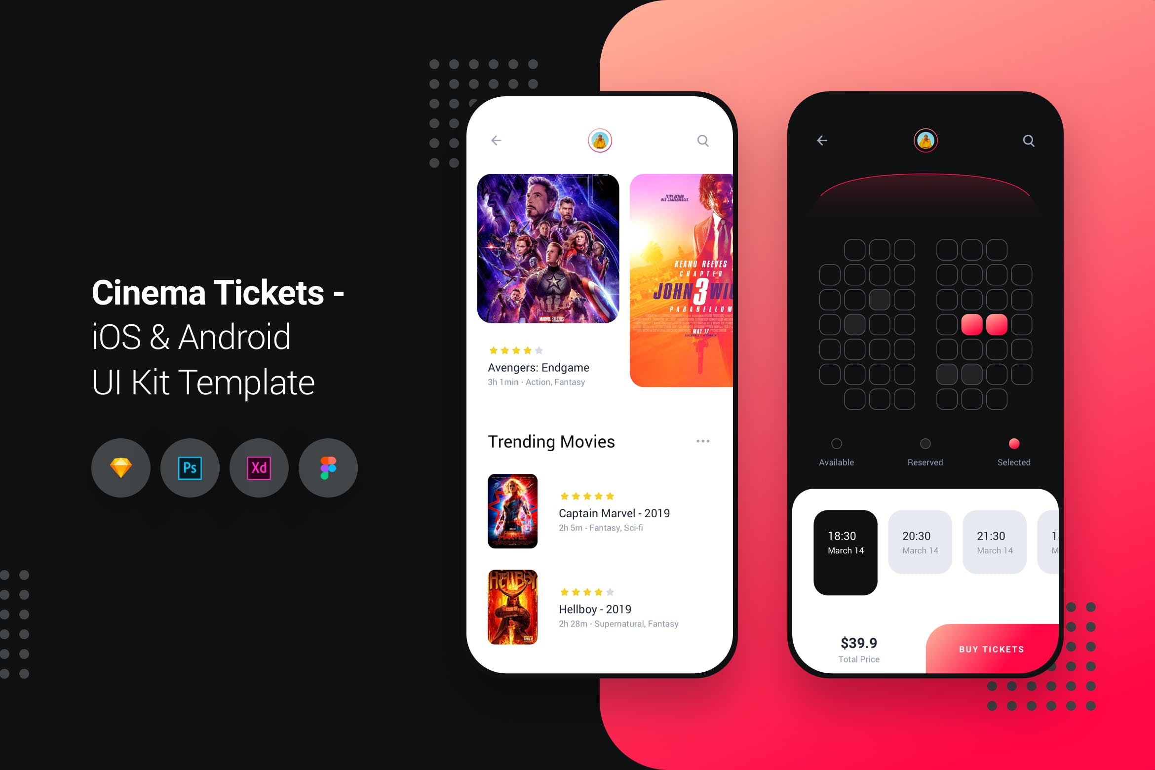电影订票网上选座APP应用UI设计套件 Cinema Movie Tickets iOS & Android UI Kit Template插图