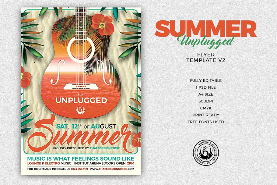 夏季电吉他独奏音乐表演宣传PSD模板V2 Summer Unplugged Flyer PSD V2插图