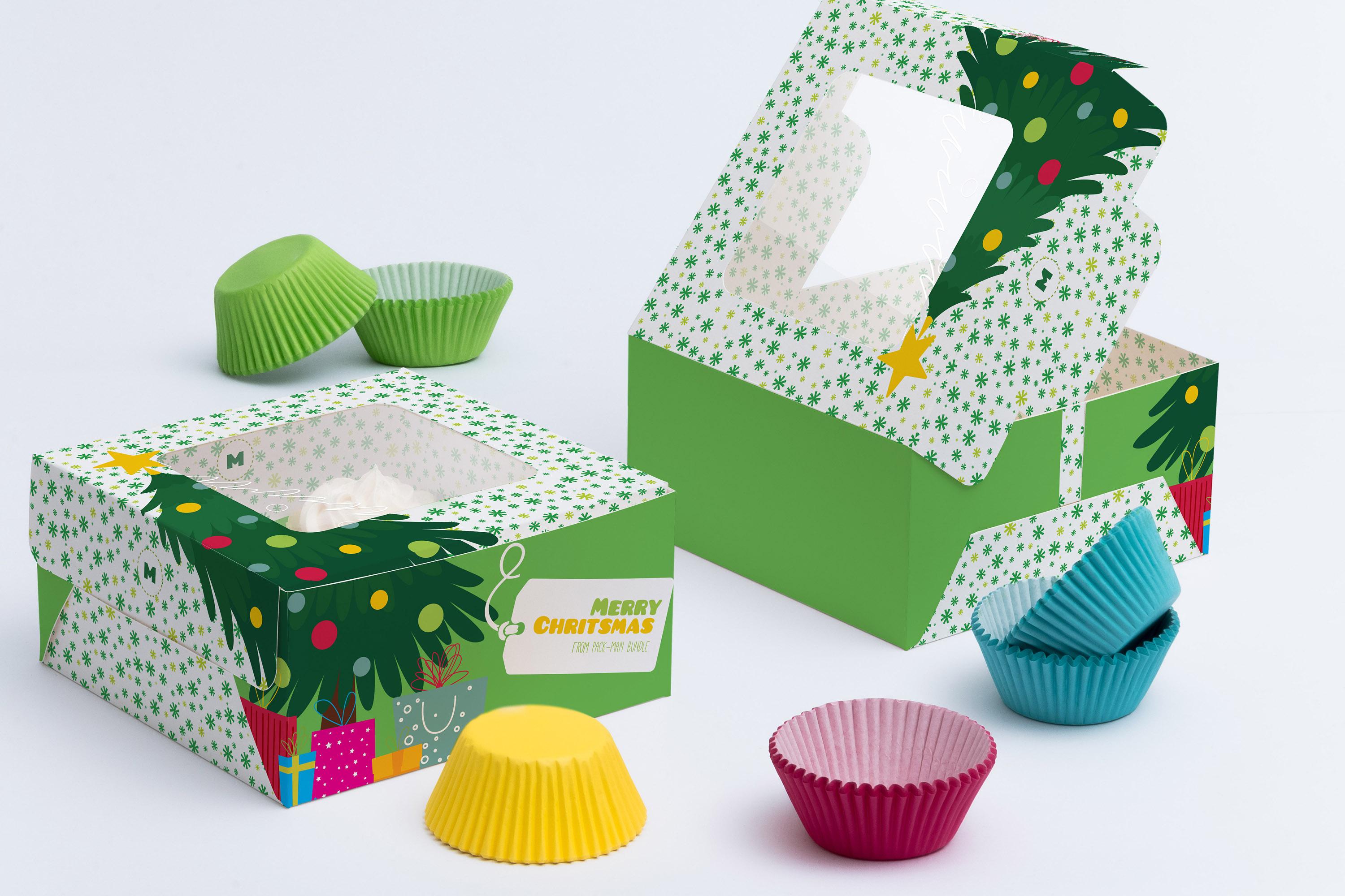 四只装纸杯蛋糕甜点包装盒设计图预览样机 Four Cupcake Box Mockup 04插图(1)