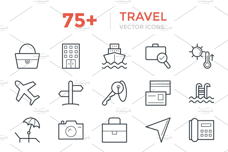 75+旅游交通行程矢量线型图标 75+ Travel Vector Icons插图