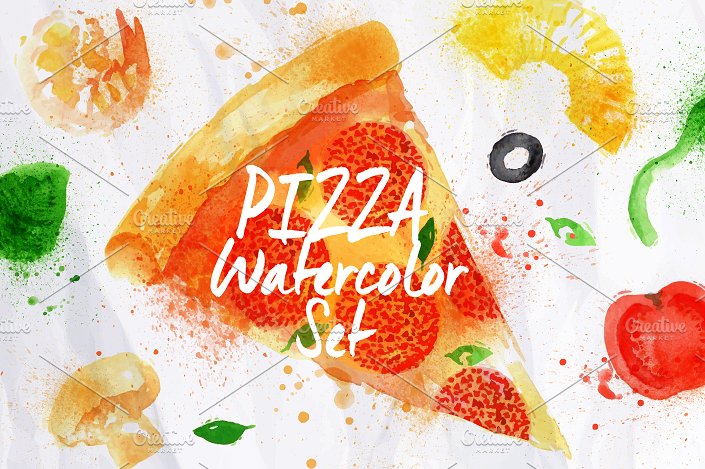 手工绘制的水彩污渍披萨插图合集 Pizza watercolor set插图