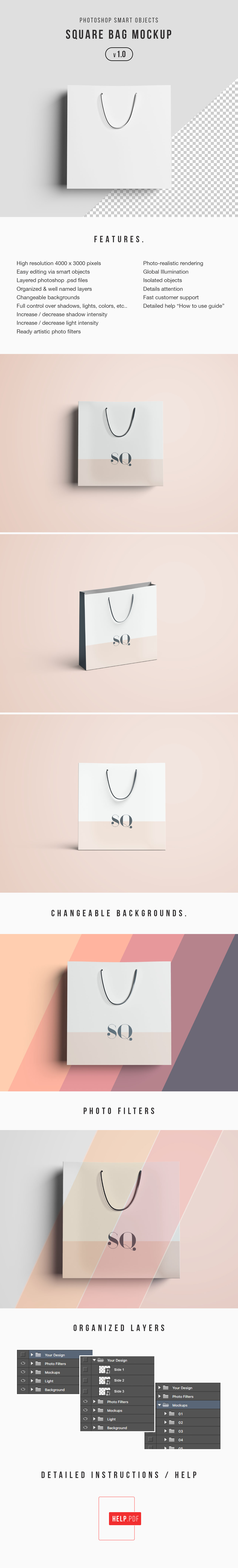 方形购物袋/礼品袋样机插图