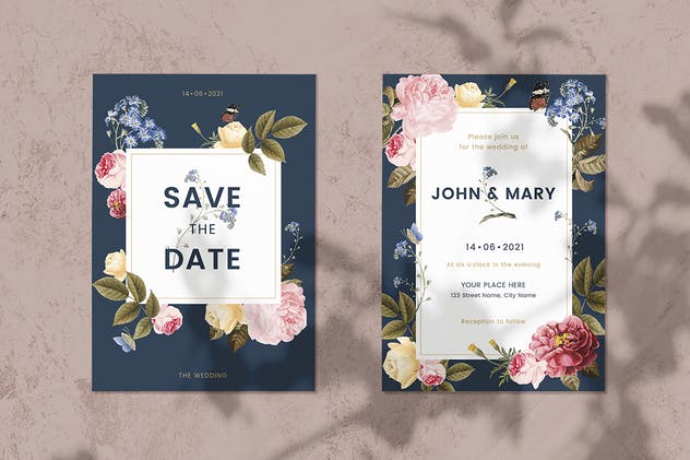 花卉装饰婚礼邀请函设计模板 Floral Wedding Invitation Card Template插图(1)