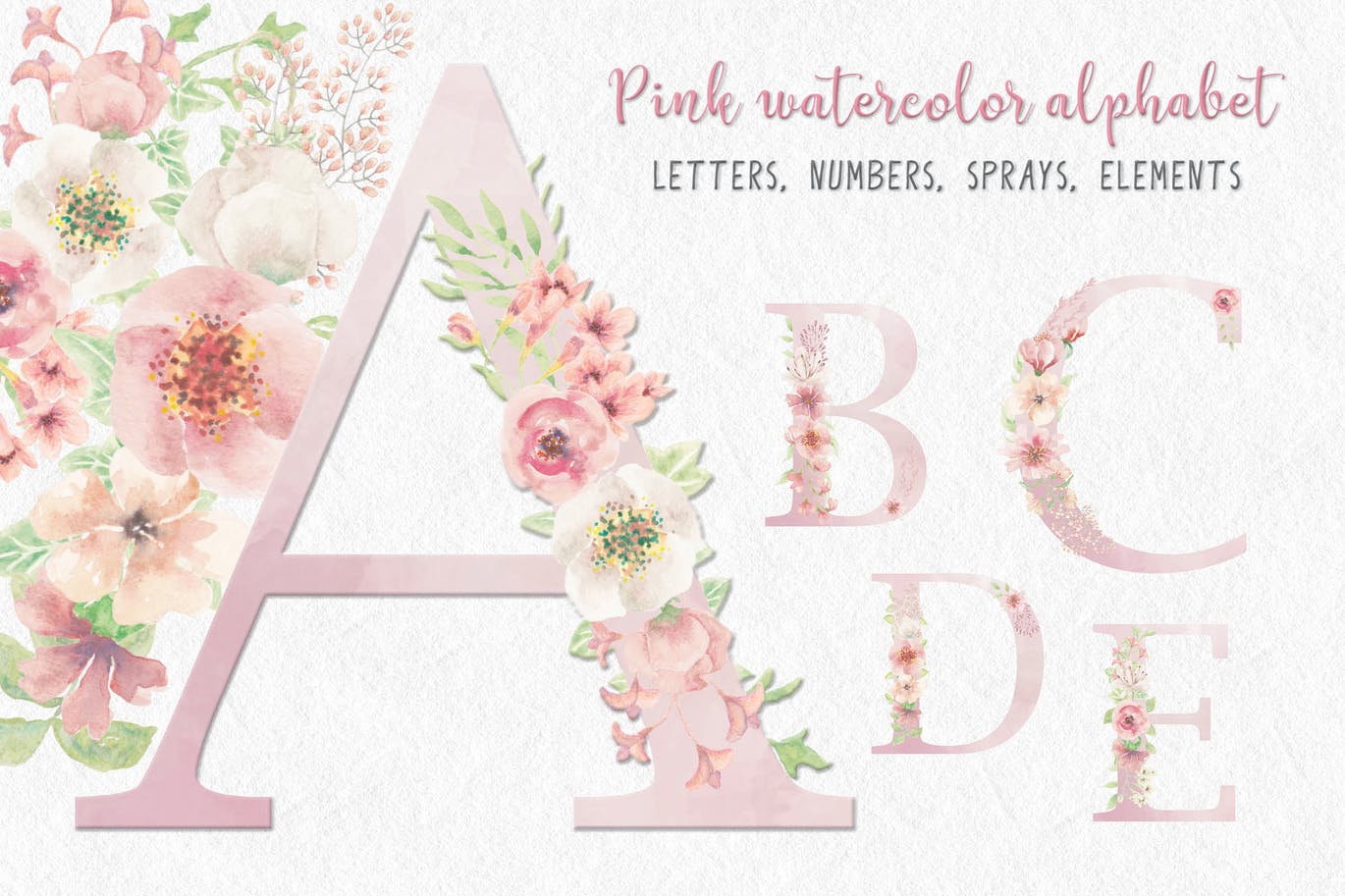 粉色水彩花卉字母和数字设计艺术字剪贴画PNG素材 Pink Watercolor Floral Letters and Numbers插图