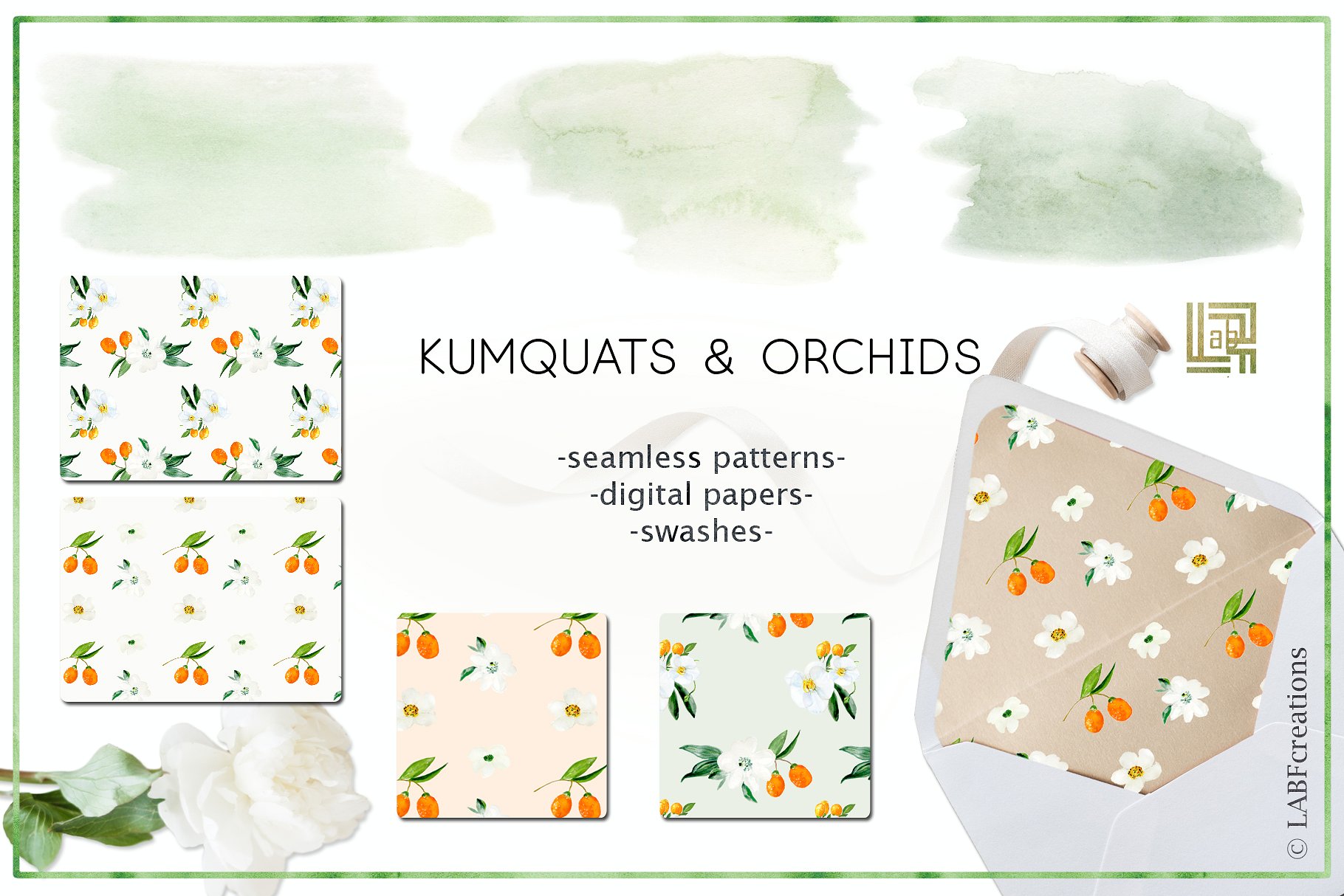 金橘和白色兰花手绘水彩画素材 Kumquat & white orchids. Watercolors插图(7)