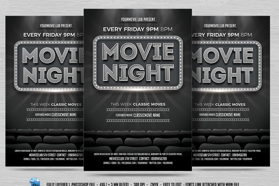 电影宣传海报传单模板  Movie Night Flyer插图
