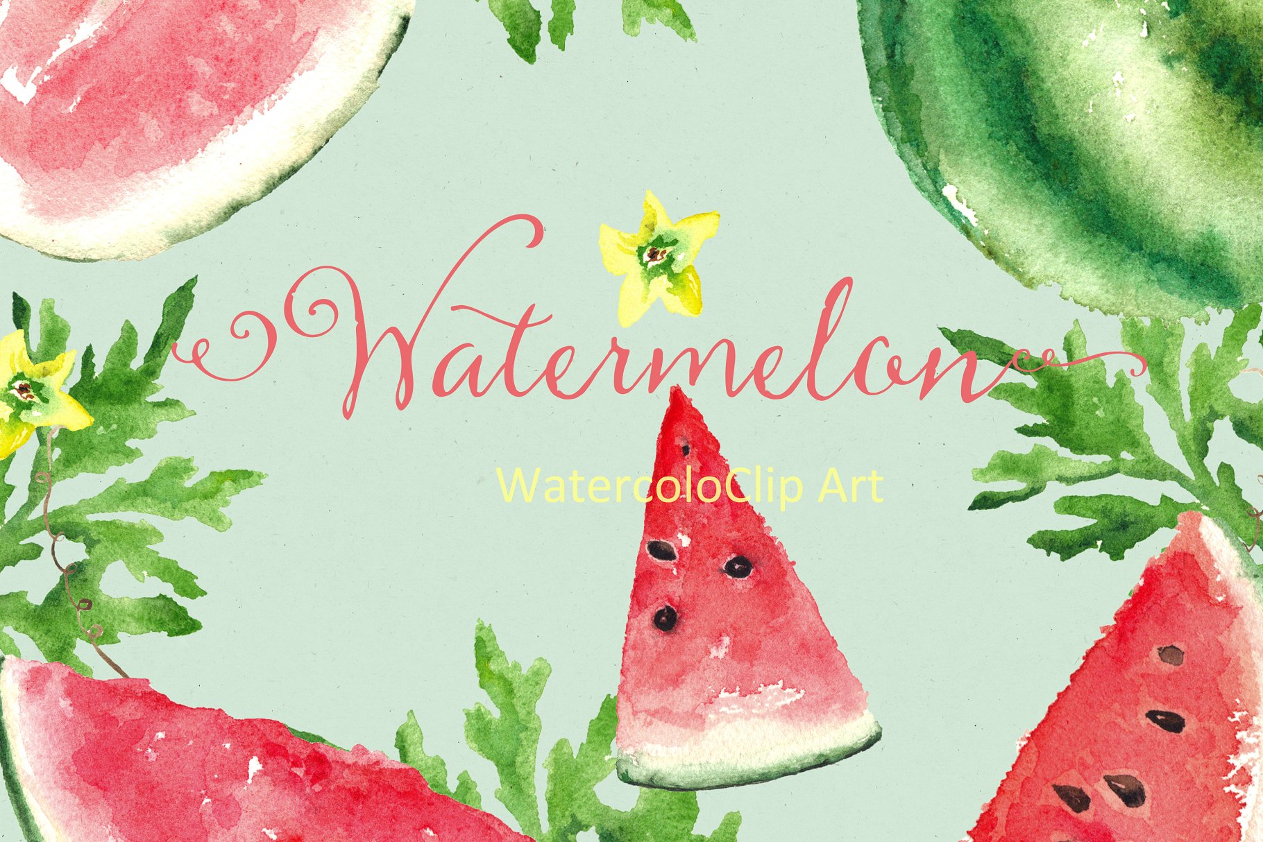 西瓜水彩剪贴画素材 Watermelon watercolor clipart插图(1)