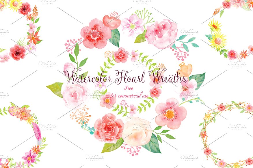 粉色水彩花环花卉剪贴画 Watercolor pink floral wreath插图