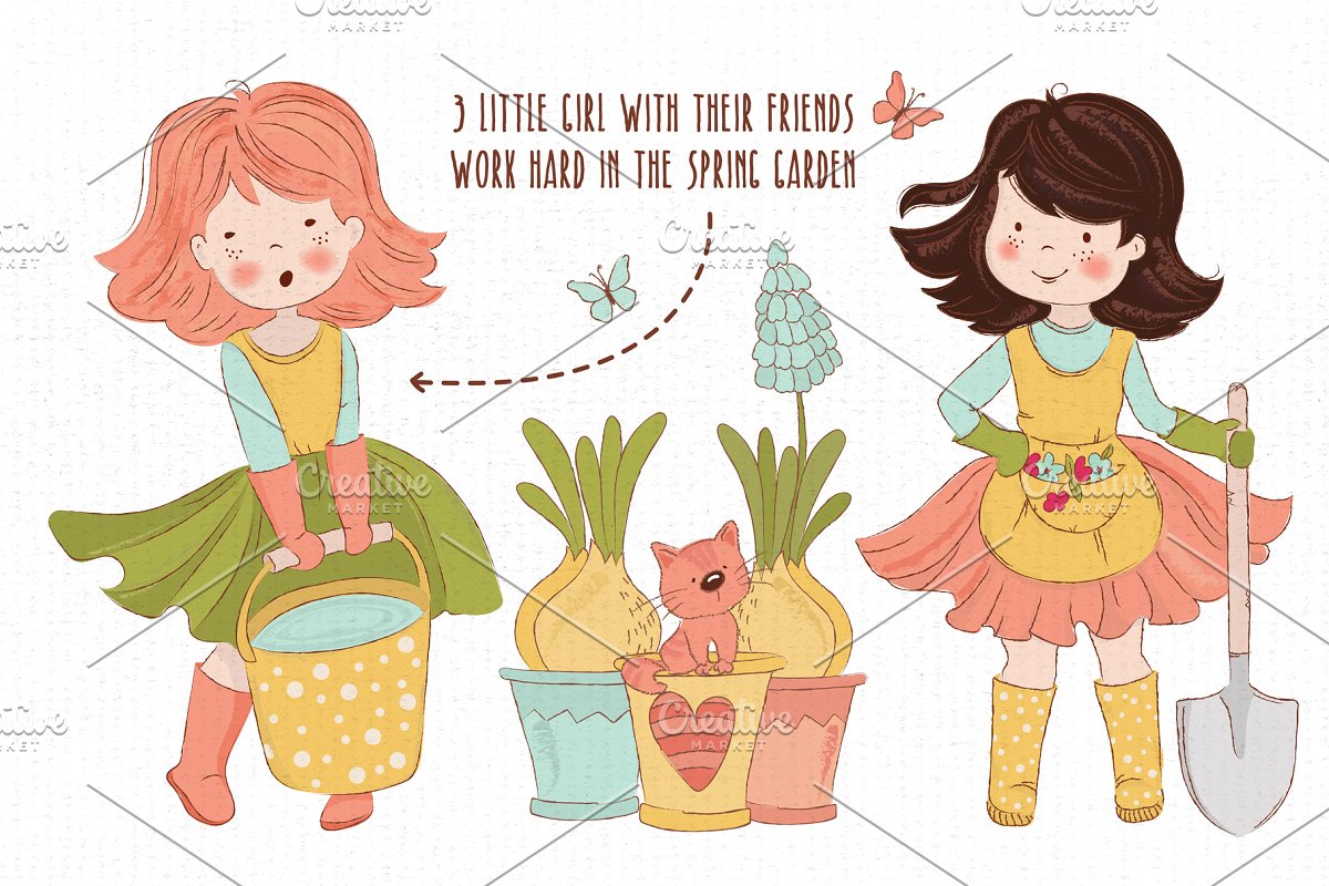 春天花园小女孩&花卉矢量图集插图(1)
