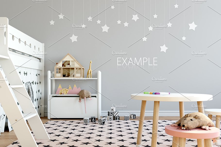 儿童主题卧室墙纸设计&相框样机 Interior KIDS WALL & FRAMES Mockup 2插图(39)
