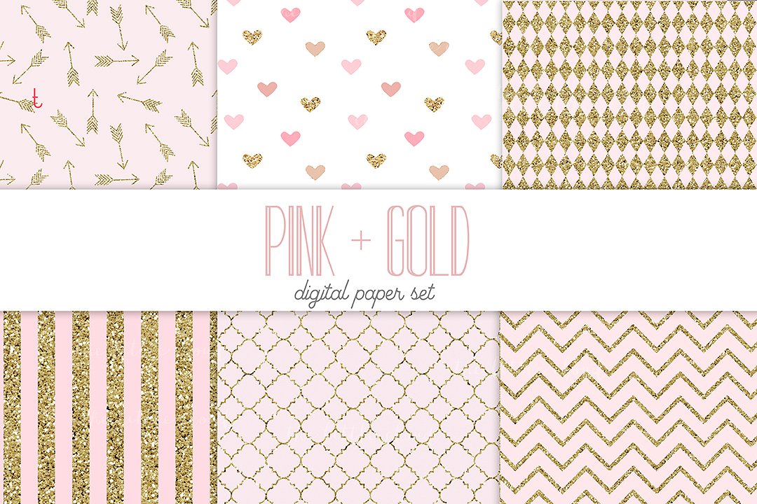 粉色/金色礼品包装纸图案素材 Pink and gold digital paper插图