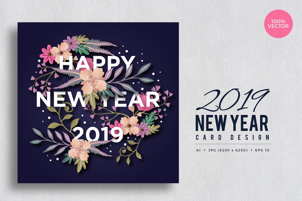 2019年新年贺卡手绘花卉插画设计模板v5 Happy New Year 2019 Floral Vector Card Vol.5插图