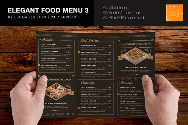 高端优雅餐厅菜单插画设计模板 Elegant Food Menu 3 Illustrator Template插图(1)
