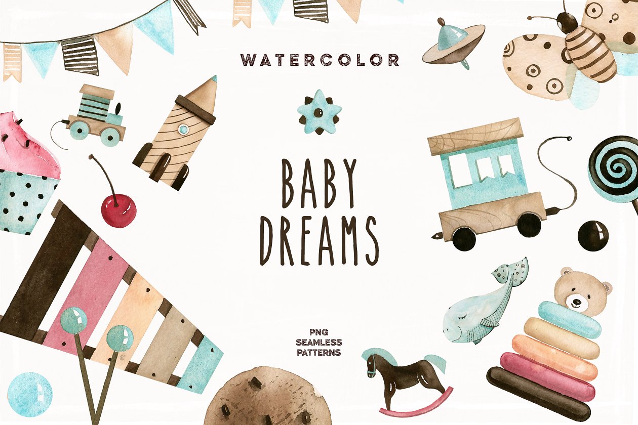婴儿儿童主题水彩剪贴画 Watercolor Baby Dreams插图