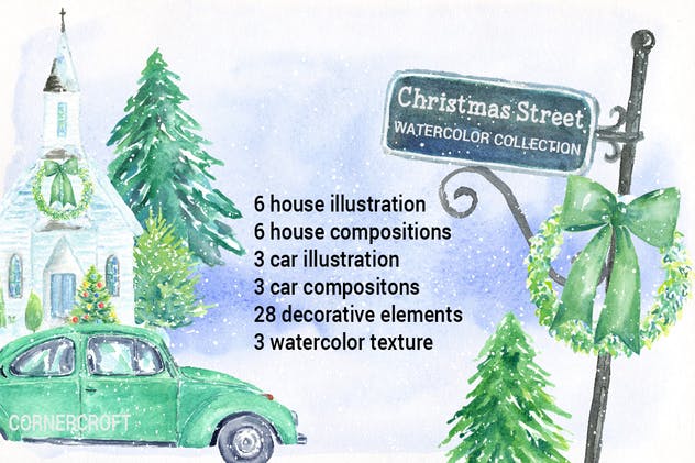 圣诞街道水彩剪贴画元素合集 Watercolor Christmas Street插图(1)