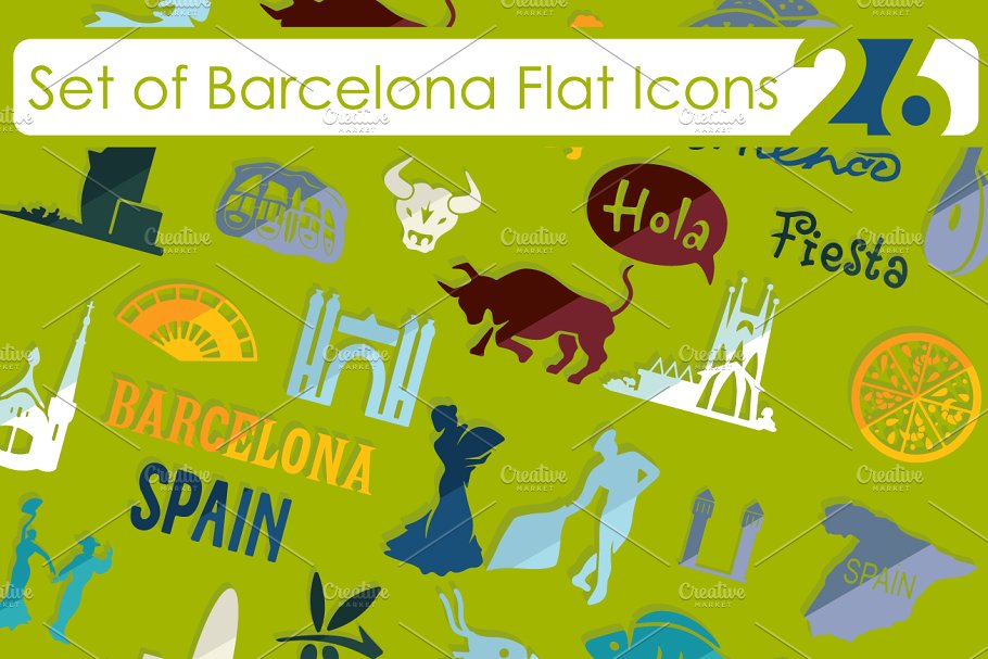 巴塞罗那国家城市主题图标 Set of Barcelona icons插图