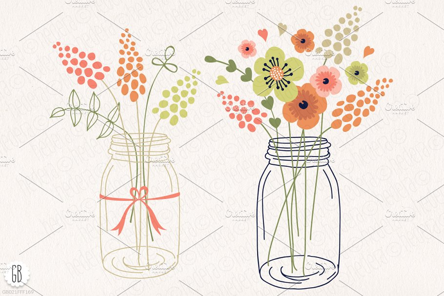 花框、插花&花水彩插画元素 Floral frames, mason jars, flowers插图(3)