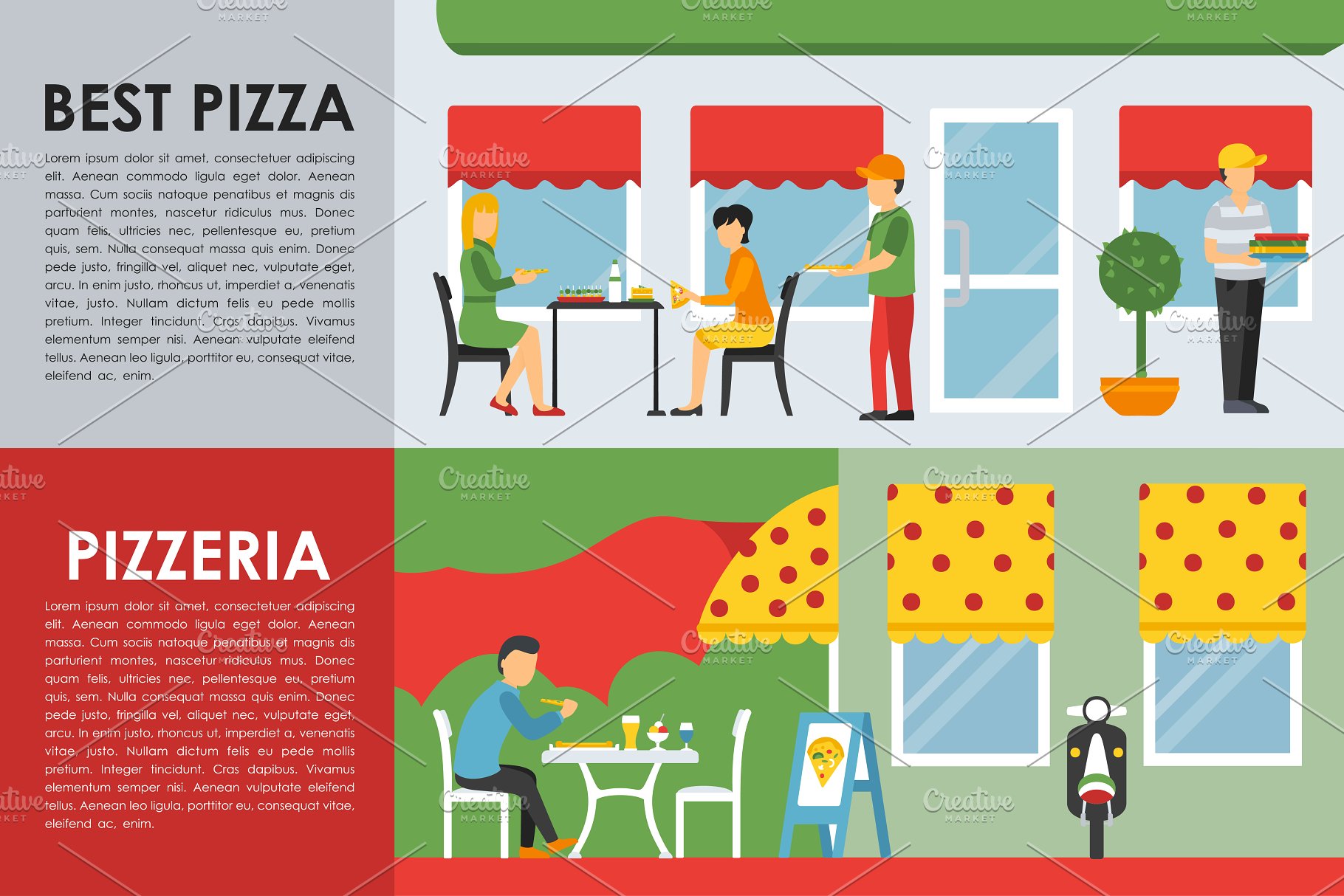 外卖&披萨餐厅内部展示服务概念平面插图 Pizzeria Flat Interiors 9 sets插图(4)