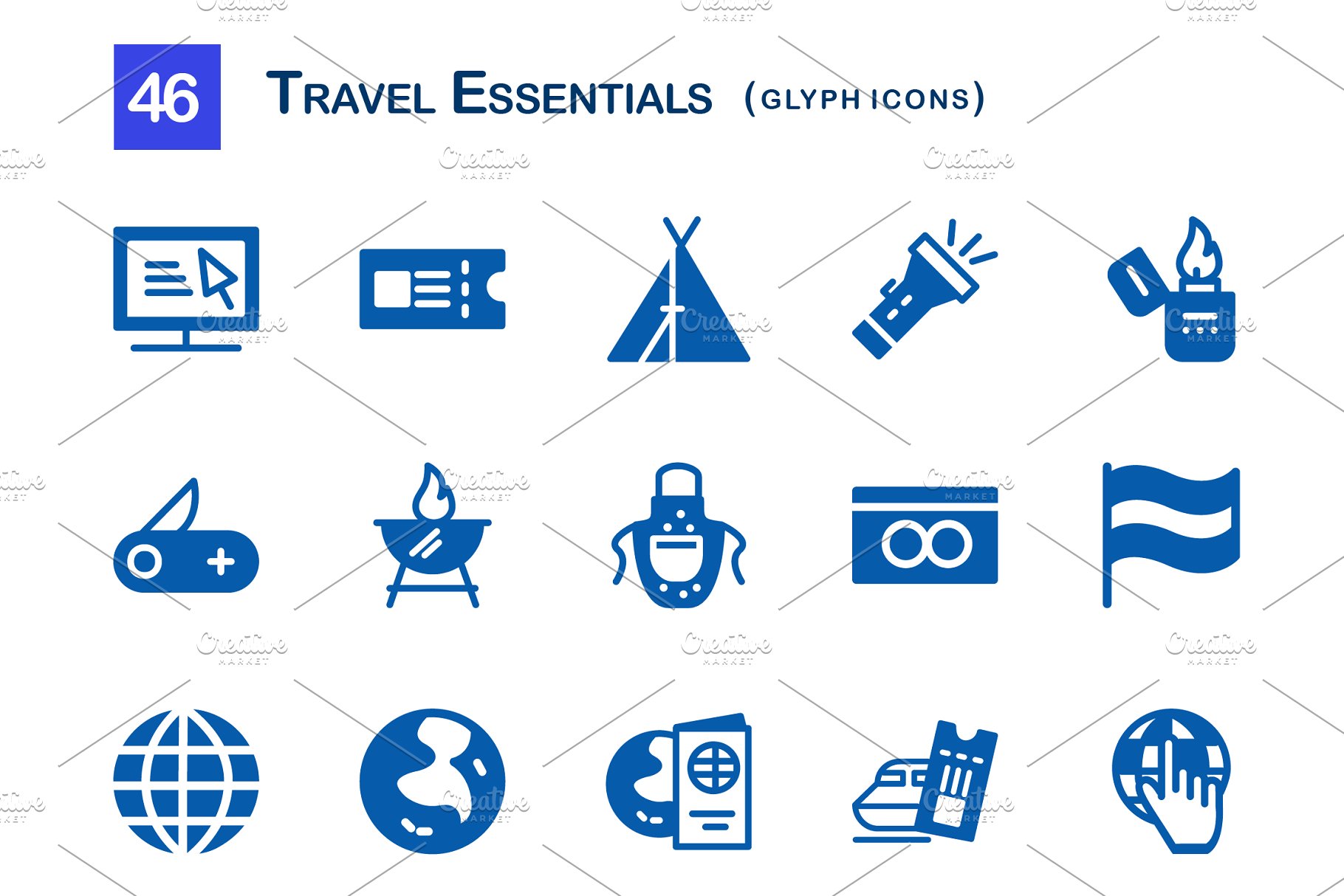 46个旅行必需品主题图标 46 Travel Essentials Glyph Icons插图(2)