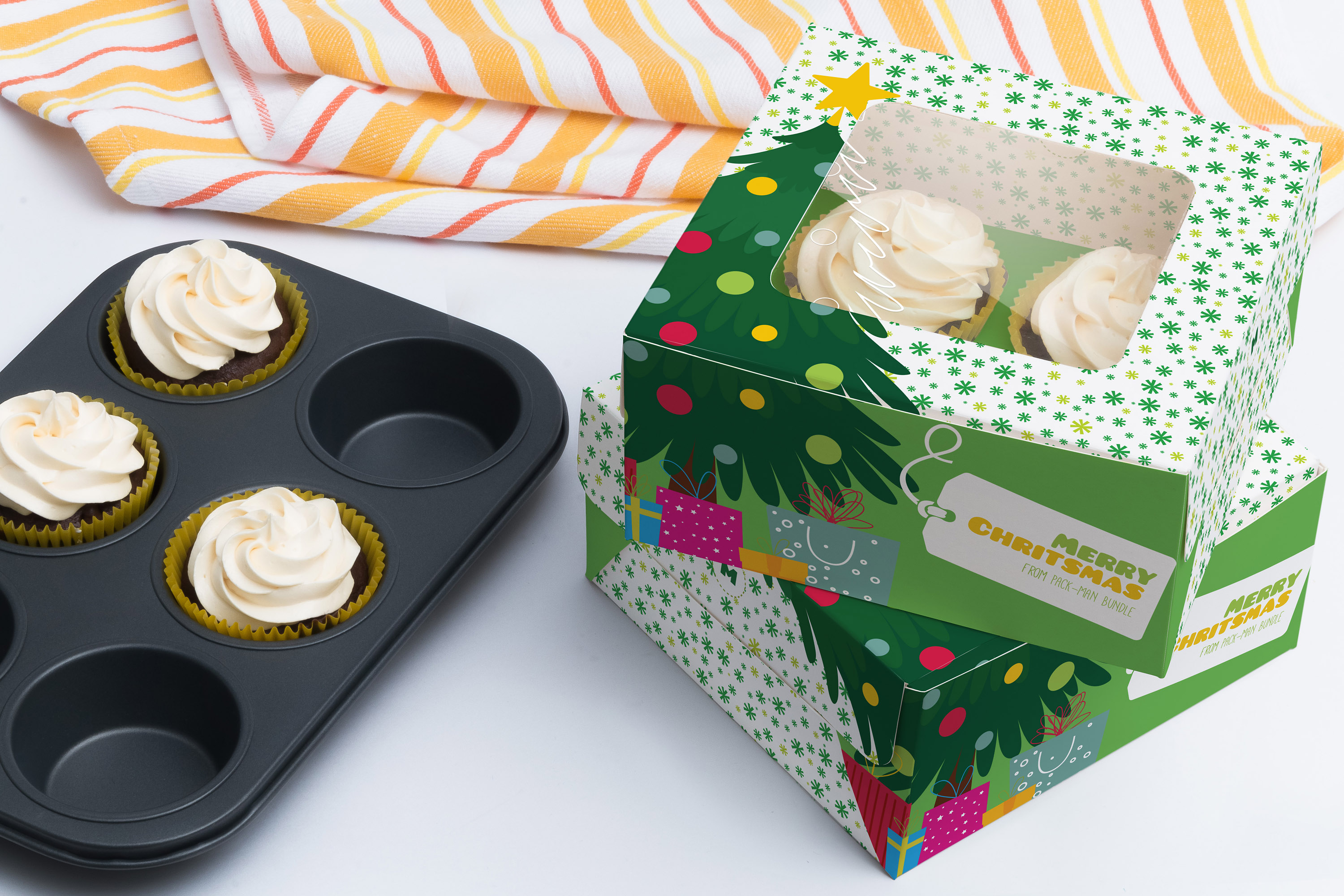 四只装纸杯蛋糕包装盒外带盒设计样机02 Four Cupcake Box Mockup 02插图(1)