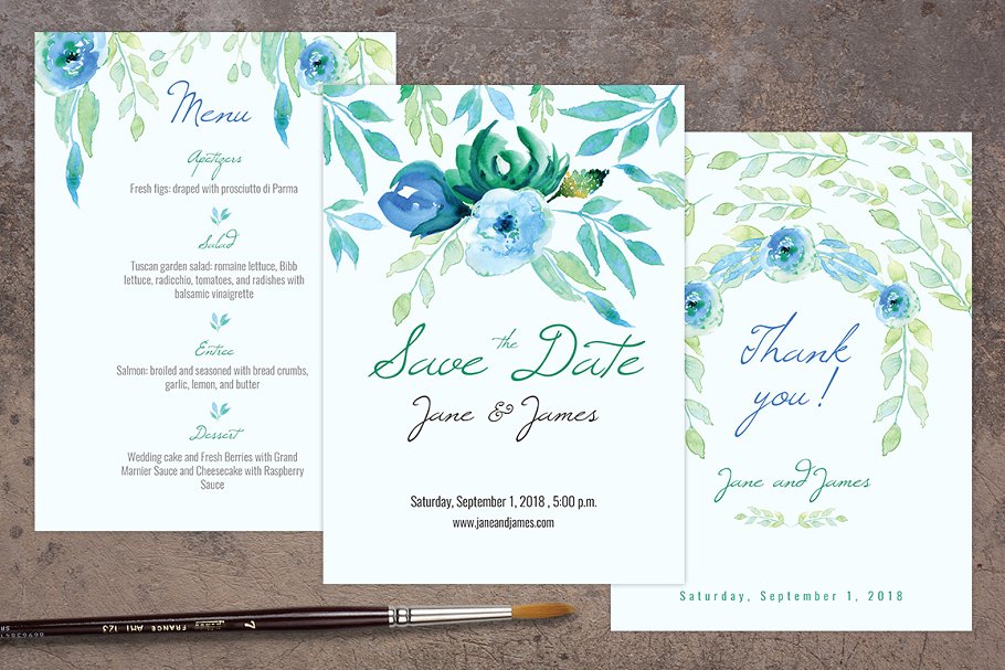 蓝色婚礼邀请函设计模板 Blue Wedding Invitation pack插图(2)