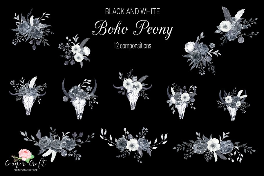 黑白色牡丹花水彩剪贴画 Boho Peonies Black and White插图(4)