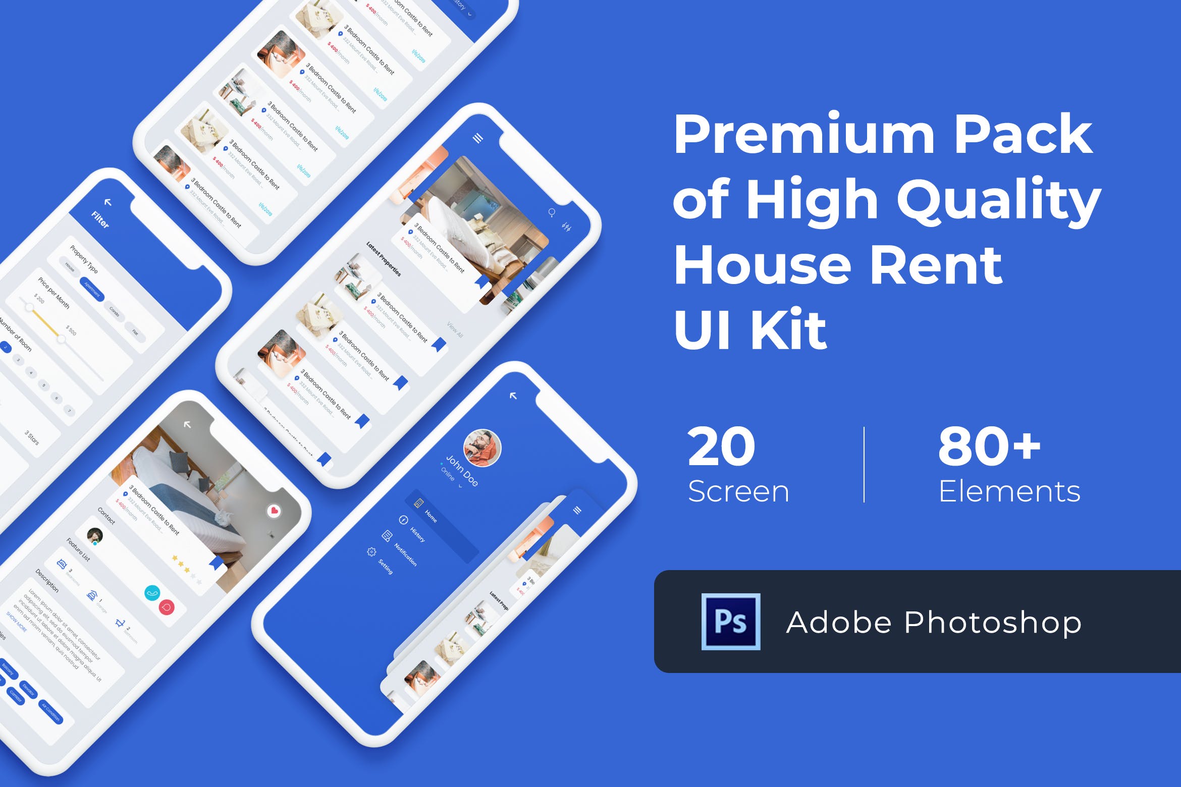 房屋租赁租房APP应用UI套件 House Rent Mobile UI KIT for Photoshop插图